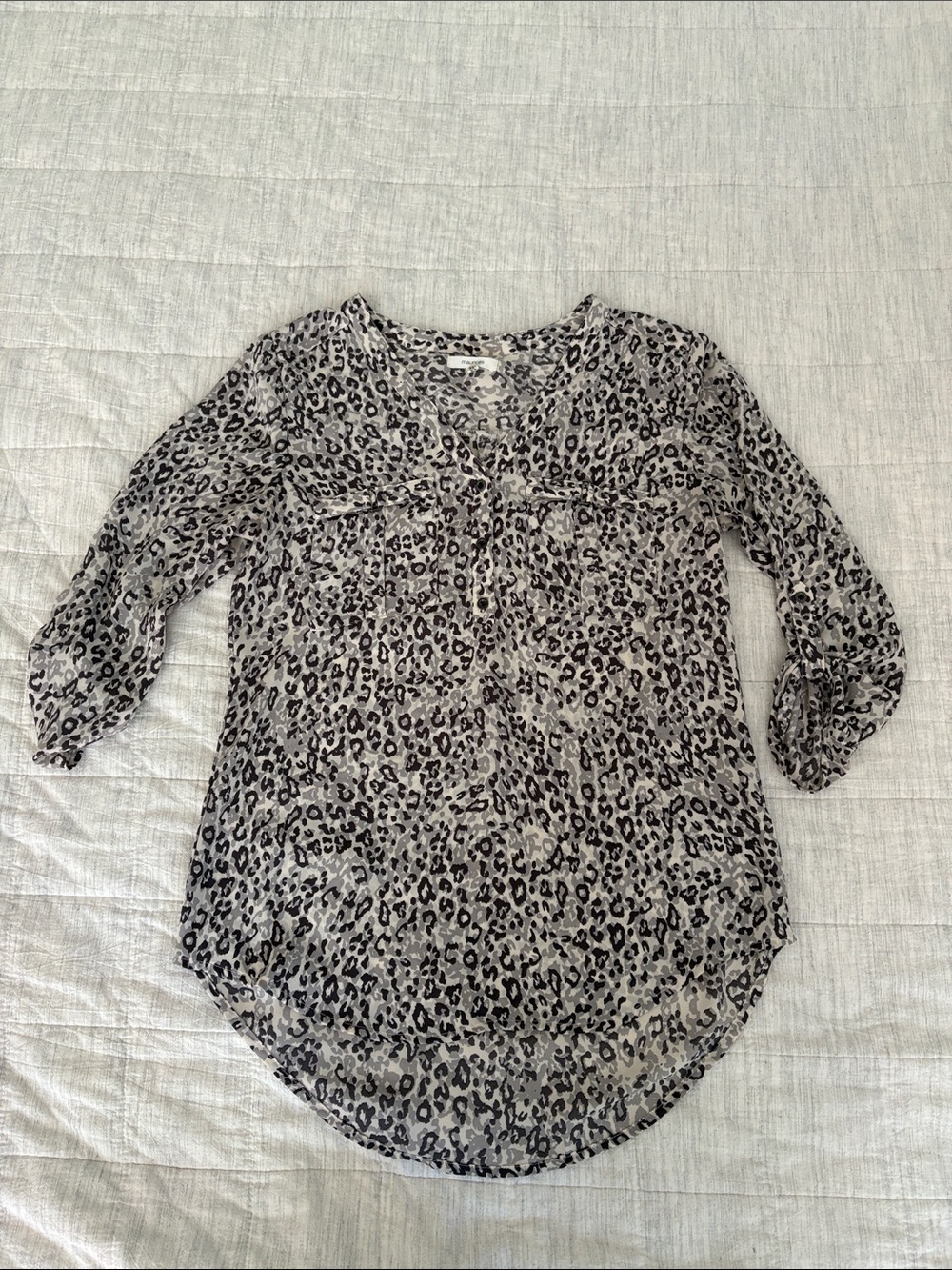 Maurices Light Gray Leopard Print Long Sleeve Blouse